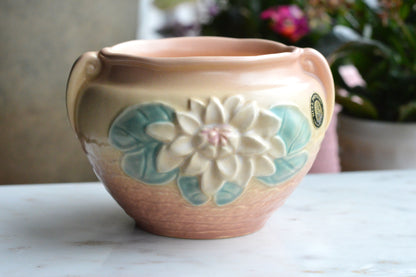 Vintage Hull Pottery Water Lily Jardiniere | L-23 Original Label | Mid-Century Matte Art Pottery | c. 1948 USA Ceramic | Pink & Teal Planter