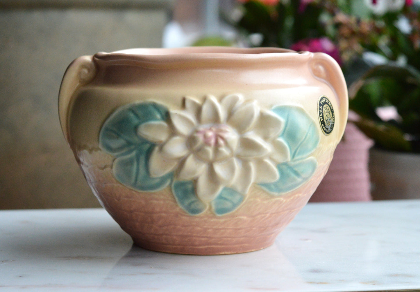 Vintage Hull Pottery Water Lily Jardiniere | L-23 Original Label | Mid-Century Matte Art Pottery | c. 1948 USA Ceramic | Pink & Teal Planter