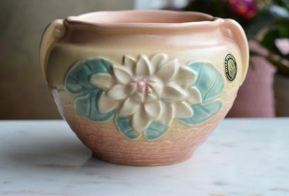 Vintage Hull Pottery Water Lily Jardiniere | L-23 Original Label | Mid-Century Matte Art Pottery | c. 1948 USA Ceramic | Pink & Teal Planter
