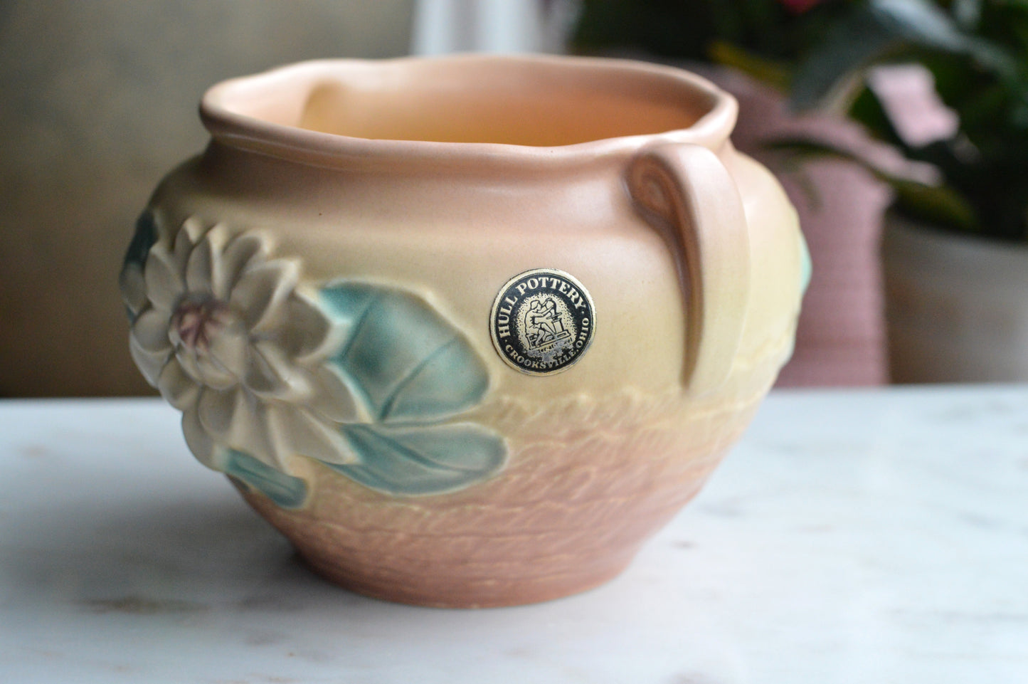 Vintage Hull Pottery Water Lily Jardiniere | L-23 Original Label | Mid-Century Matte Art Pottery | c. 1948 USA Ceramic | Pink & Teal Planter