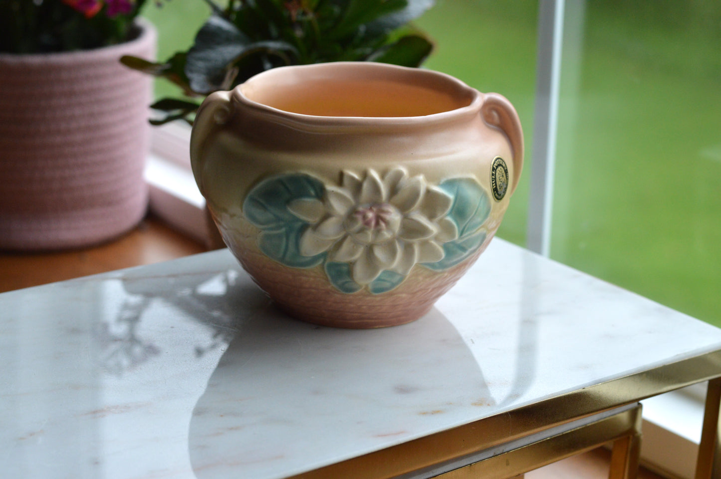 Vintage Hull Pottery Water Lily Jardiniere | L-23 Original Label | Mid-Century Matte Art Pottery | c. 1948 USA Ceramic | Pink & Teal Planter