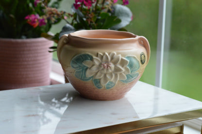 Vintage Hull Pottery Water Lily Jardiniere | L-23 Original Label | Mid-Century Matte Art Pottery | c. 1948 USA Ceramic | Pink & Teal Planter