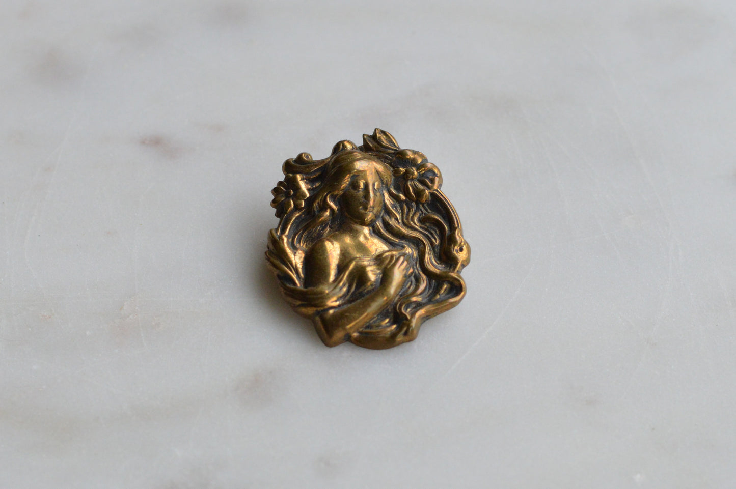 Vintage Art Nouveau Lady Brooch | 1.25" Antique Brass Stamping Style | 1970s Revival Goddess Pin | Romantic Victorian Accessory