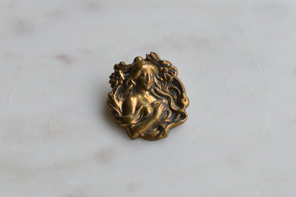 Vintage Art Nouveau Lady Brooch | 1.25" Antique Brass Stamping Style | 1970s Revival Goddess Pin | Romantic Victorian Accessory