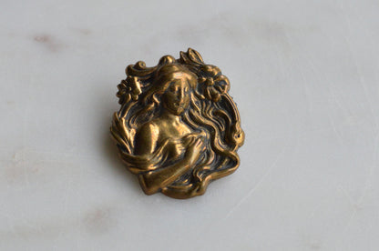 Vintage Art Nouveau Lady Brooch | 1.25" Antique Brass Stamping Style | 1970s Revival Goddess Pin | Romantic Victorian Accessory