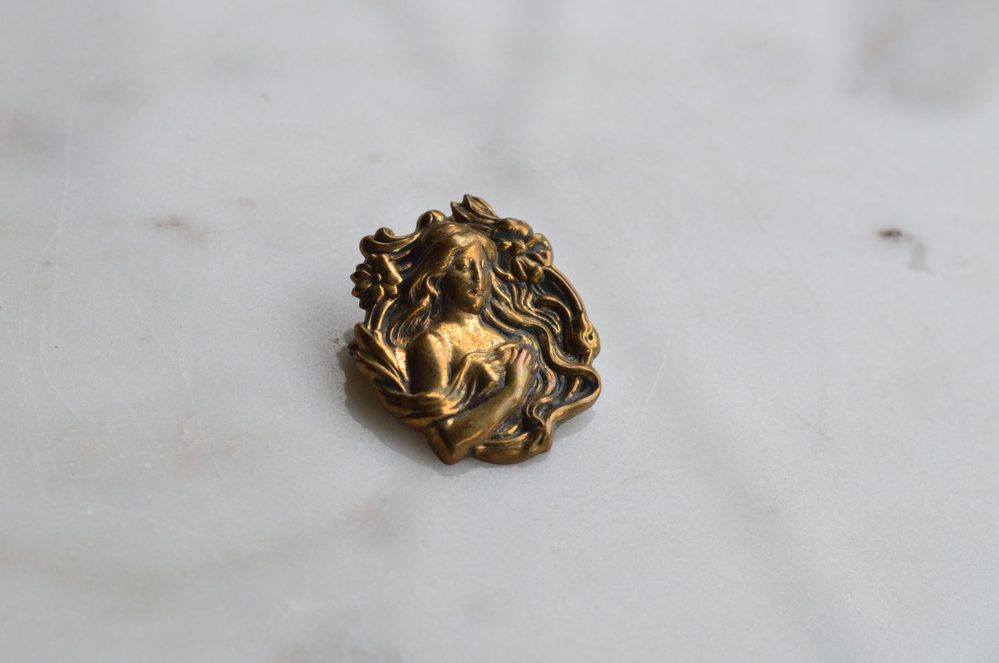 Vintage Art Nouveau Lady Brooch | 1.25" Antique Brass Stamping Style | 1970s Revival Goddess Pin | Romantic Victorian Accessory