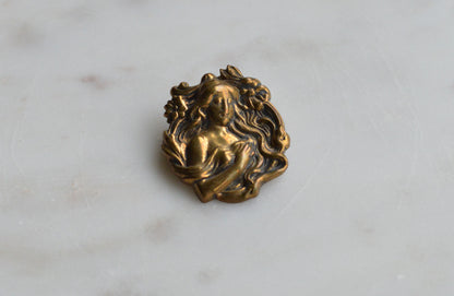 Vintage Art Nouveau Lady Brooch | 1.25" Antique Brass Stamping Style | 1970s Revival Goddess Pin | Romantic Victorian Accessory
