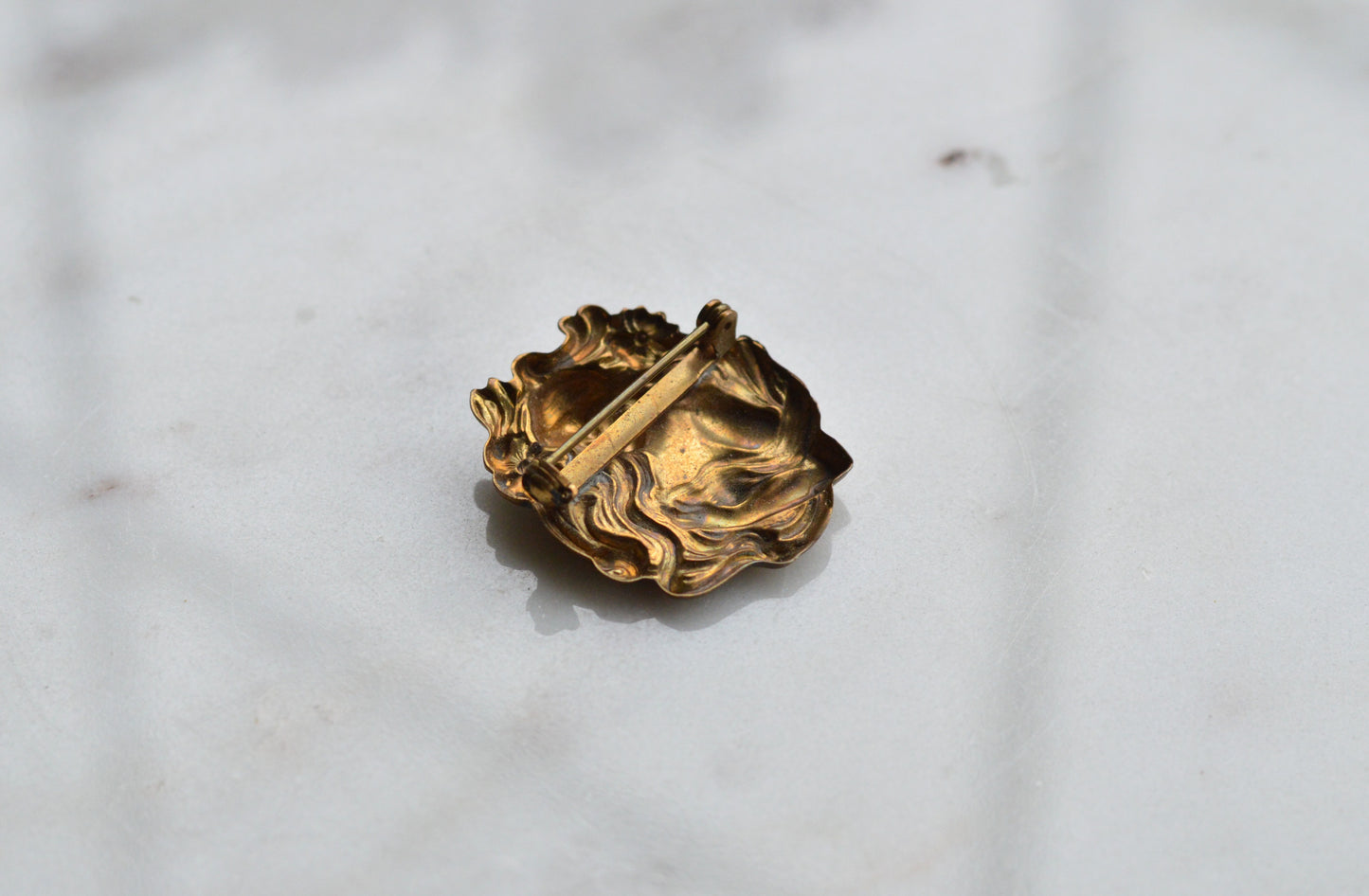 Vintage Art Nouveau Lady Brooch | 1.25" Antique Brass Stamping Style | 1970s Revival Goddess Pin | Romantic Victorian Accessory