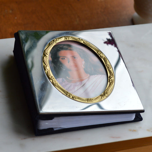 Vintage International Silver Co. Photo Album | Two-Tone Mirrored Cover | 100 Pocket Slip-In Memory Book | 6.5" | Navy Blue Velvet