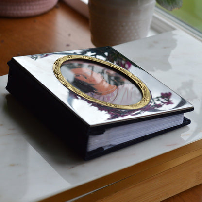 Vintage International Silver Co. Photo Album | Two-Tone Mirrored Cover | 100 Pocket Slip-In Memory Book | 6.5" | Navy Blue Velvet