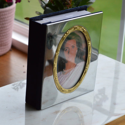 Vintage International Silver Co. Photo Album | Two-Tone Mirrored Cover | 100 Pocket Slip-In Memory Book | 6.5" | Navy Blue Velvet