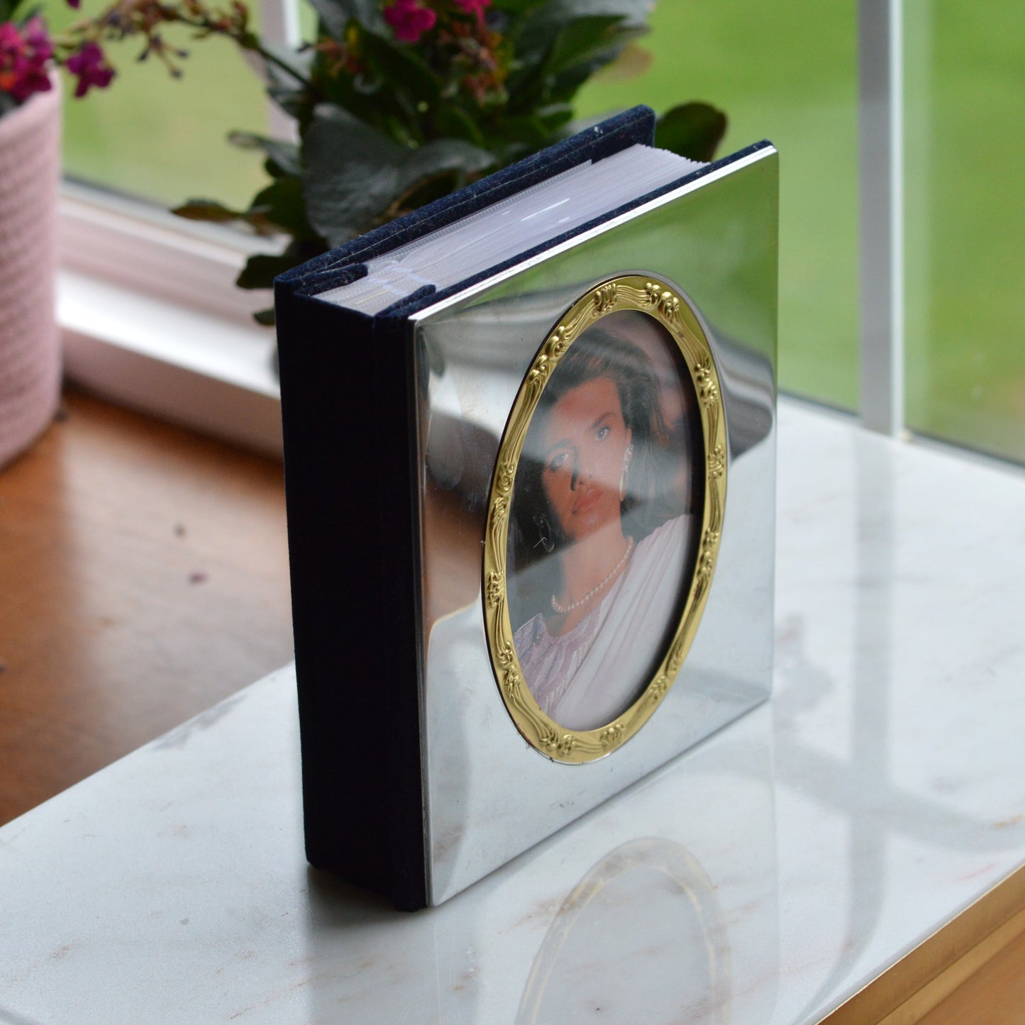 Vintage International Silver Co. Photo Album | Two-Tone Mirrored Cover | 100 Pocket Slip-In Memory Book | 6.5" | Navy Blue Velvet