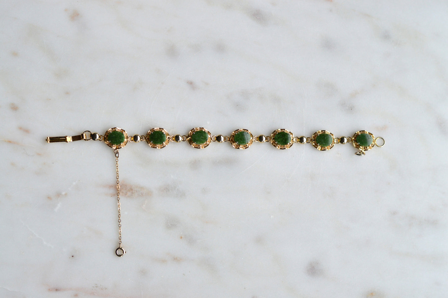 Vintage Alice Caviness Jade Bracelet | 12K Gold Filled Filigree Link | Signed A. Caviness Designer Jewelry | 7.5"