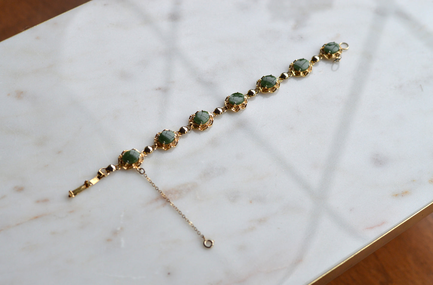 Vintage Alice Caviness Jade Bracelet | 12K Gold Filled Filigree Link | Signed A. Caviness Designer Jewelry | 7.5"