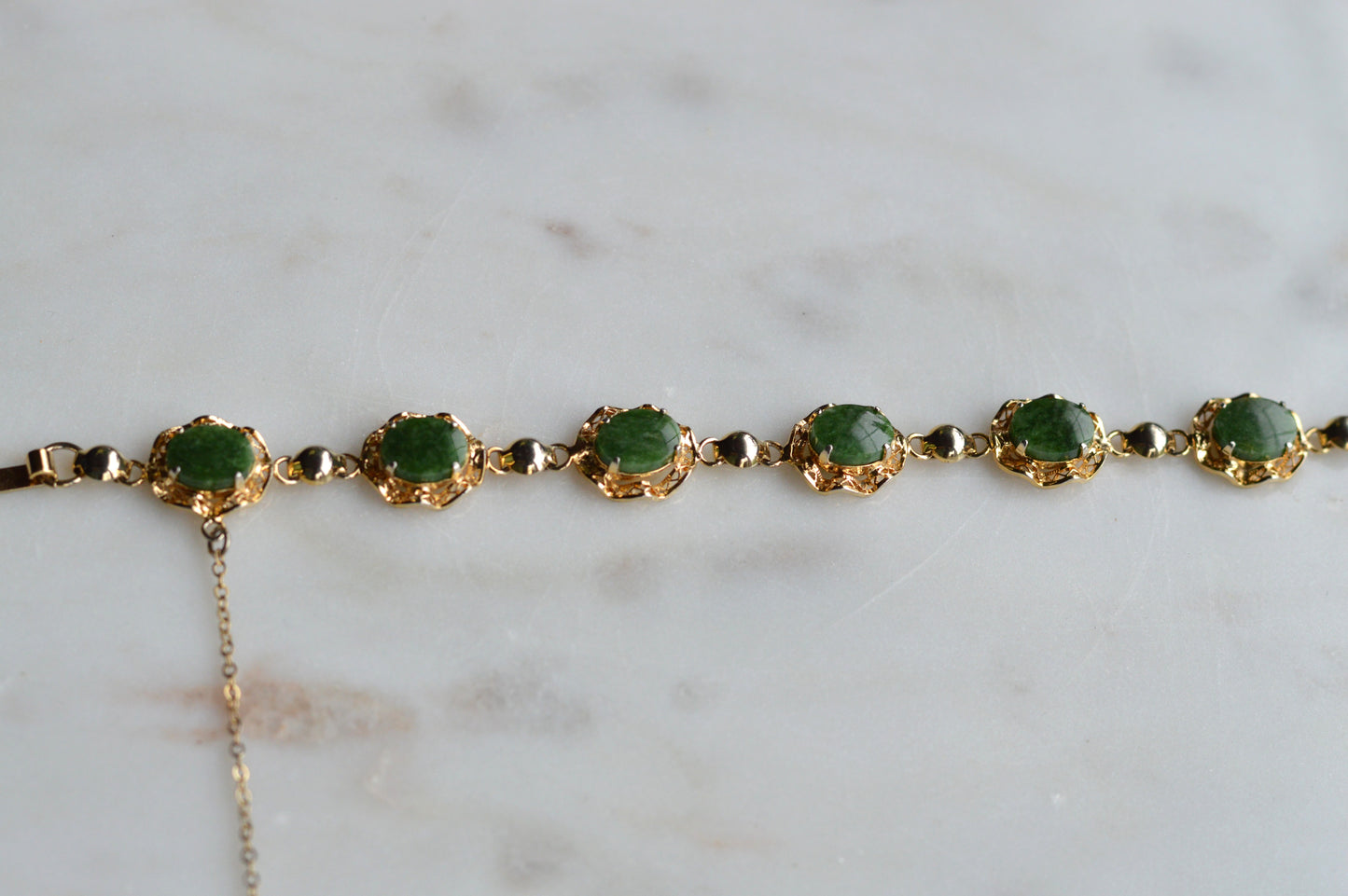 Vintage Alice Caviness Jade Bracelet | 12K Gold Filled Filigree Link | Signed A. Caviness Designer Jewelry | 7.5"