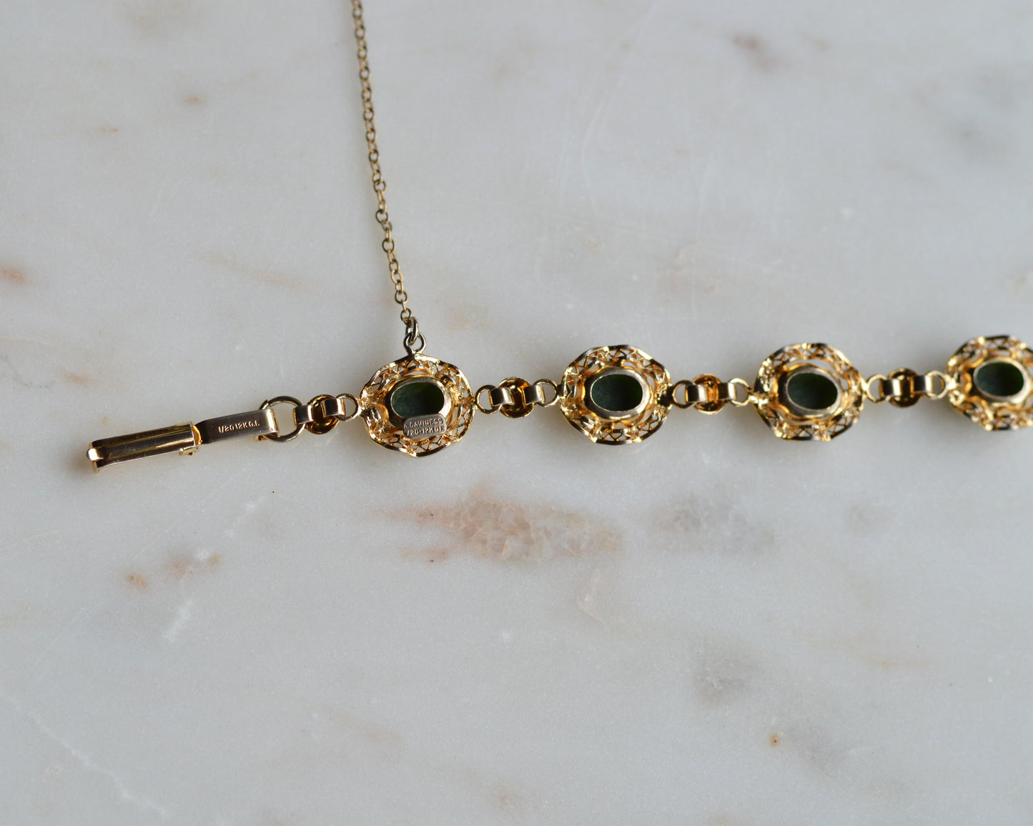 Vintage Alice Caviness Jade Bracelet | 12K Gold Filled Filigree Link | Signed A. Caviness Designer Jewelry | 7.5"