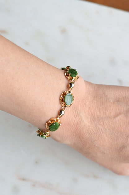 Vintage Alice Caviness Jade Bracelet | 12K Gold Filled Filigree Link | Signed A. Caviness Designer Jewelry | 7.5"