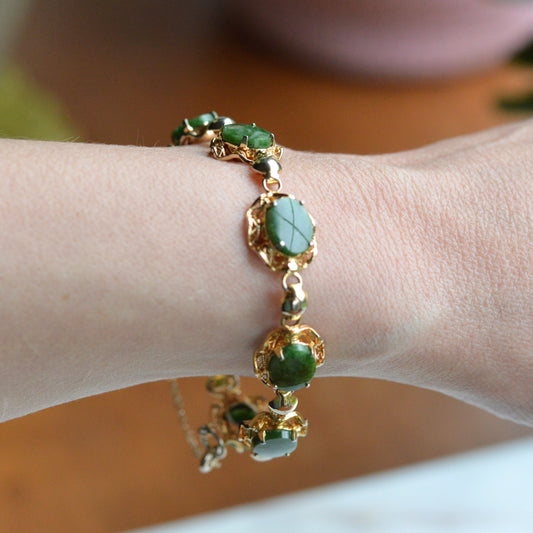 Vintage Alice Caviness Jade Bracelet | 12K Gold Filled Filigree Link | Signed A. Caviness Designer Jewelry | 7.5"