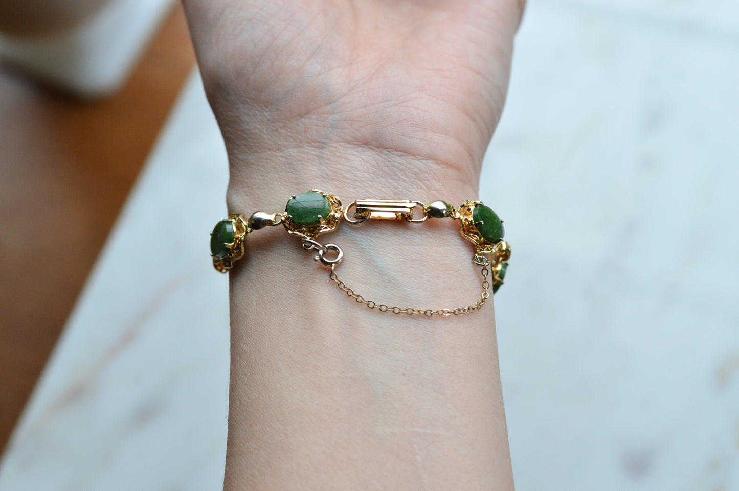 Vintage Alice Caviness Jade Bracelet | 12K Gold Filled Filigree Link | Signed A. Caviness Designer Jewelry | 7.5"
