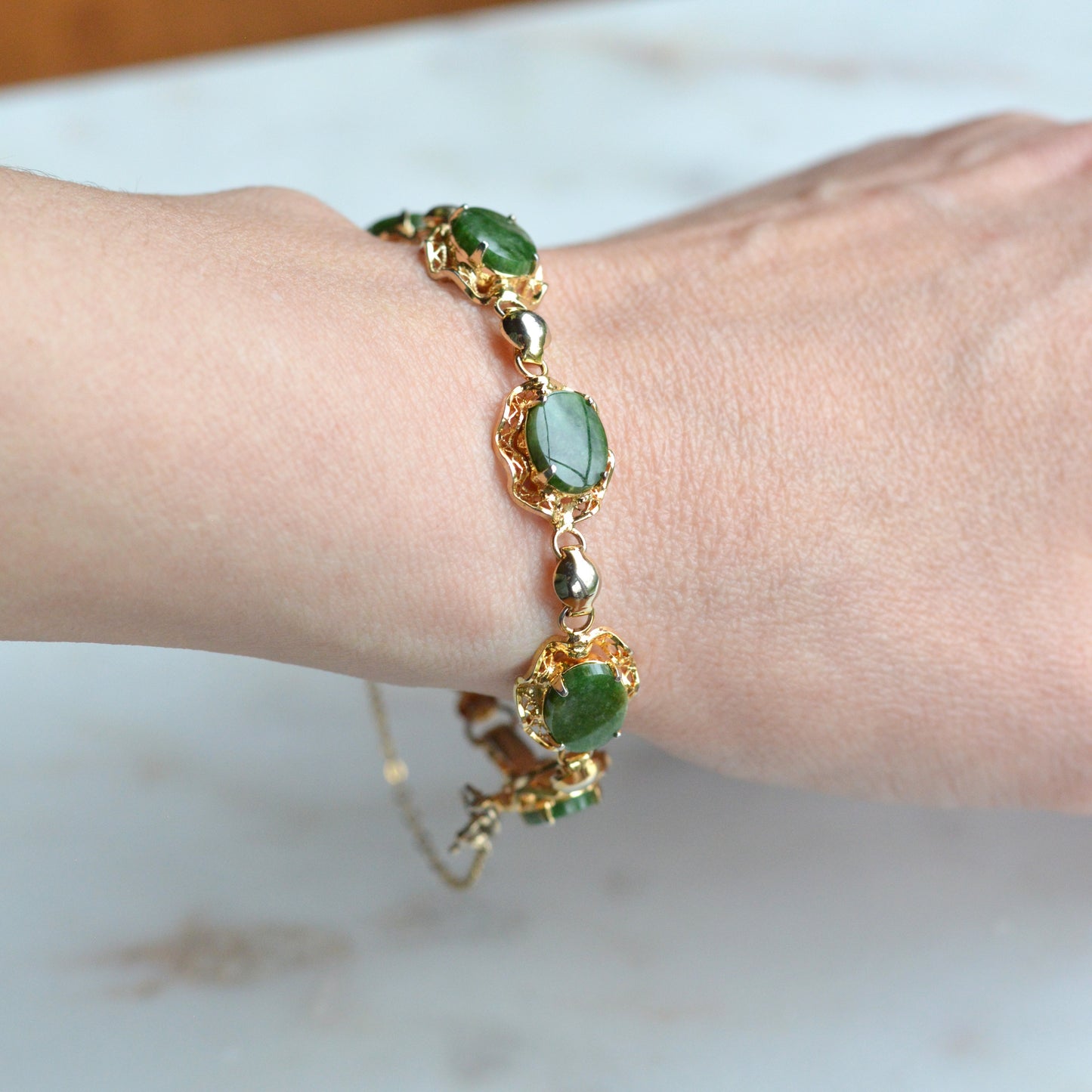 Vintage Alice Caviness Jade Bracelet | 12K Gold Filled Filigree Link | Signed A. Caviness Designer Jewelry | 7.5"