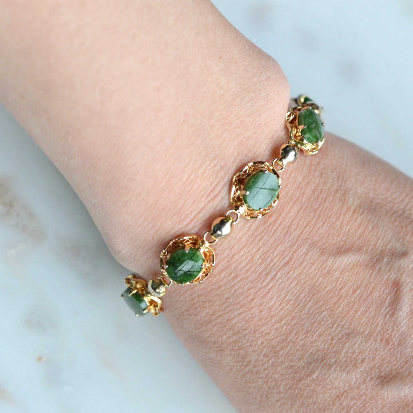 Vintage Alice Caviness Jade Bracelet | 12K Gold Filled Filigree Link | Signed A. Caviness Designer Jewelry | 7.5"