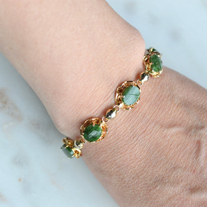 Vintage Alice Caviness Jade Bracelet | 12K Gold Filled Filigree Link | Signed A. Caviness Designer Jewelry | 7.5"