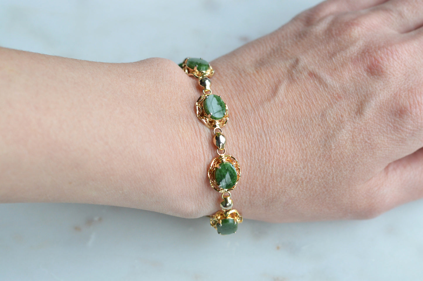 Vintage Alice Caviness Jade Bracelet | 12K Gold Filled Filigree Link | Signed A. Caviness Designer Jewelry | 7.5"