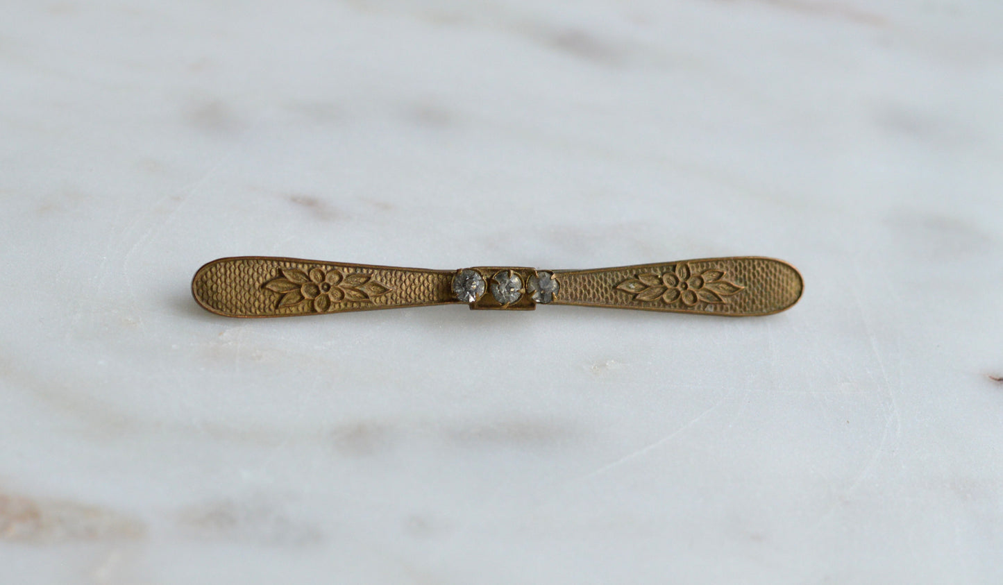 Antique Edwardian Gold Filled Bar Brooch | 3" Long Three Stone Crystal Pin | Victorian C-Clasp Hand-Engraved Floral | Estate Jewelry