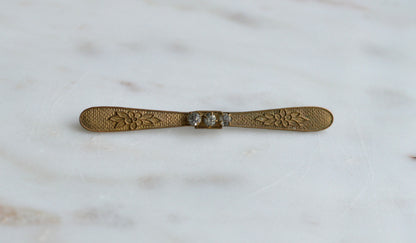 Antique Edwardian Gold Filled Bar Brooch | 3" Long Three Stone Crystal Pin | Victorian C-Clasp Hand-Engraved Floral | Estate Jewelry