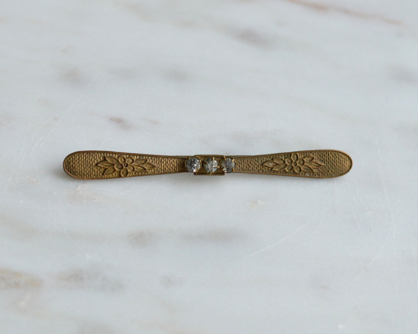 Antique Edwardian Gold Filled Bar Brooch | 3" Long Three Stone Crystal Pin | Victorian C-Clasp Hand-Engraved Floral | Estate Jewelry