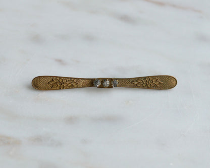 Antique Edwardian Gold Filled Bar Brooch | 3" Long Three Stone Crystal Pin | Victorian C-Clasp Hand-Engraved Floral | Estate Jewelry