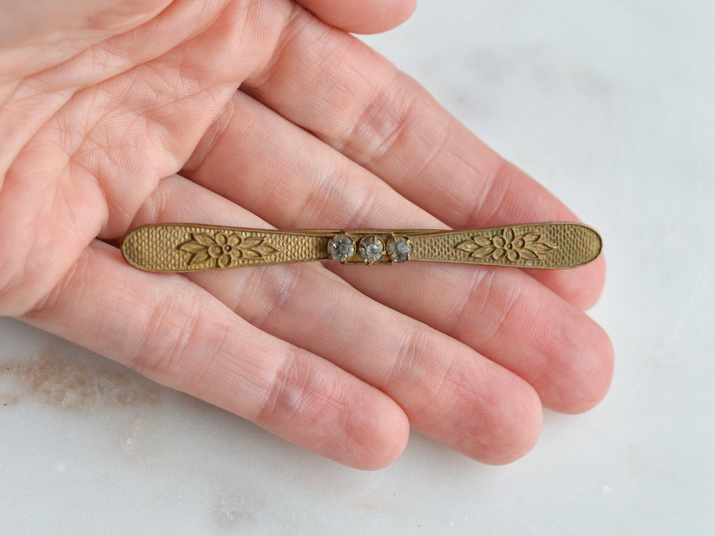 Antique Edwardian Gold Filled Bar Brooch | 3" Long Three Stone Crystal Pin | Victorian C-Clasp Hand-Engraved Floral | Estate Jewelry
