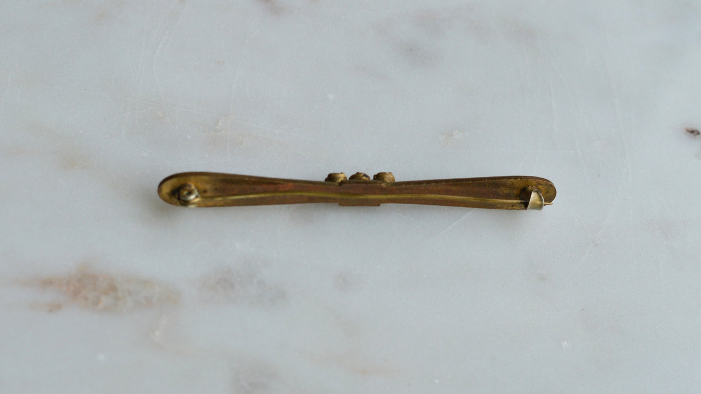 Antique Edwardian Gold Filled Bar Brooch | 3" Long Three Stone Crystal Pin | Victorian C-Clasp Hand-Engraved Floral | Estate Jewelry