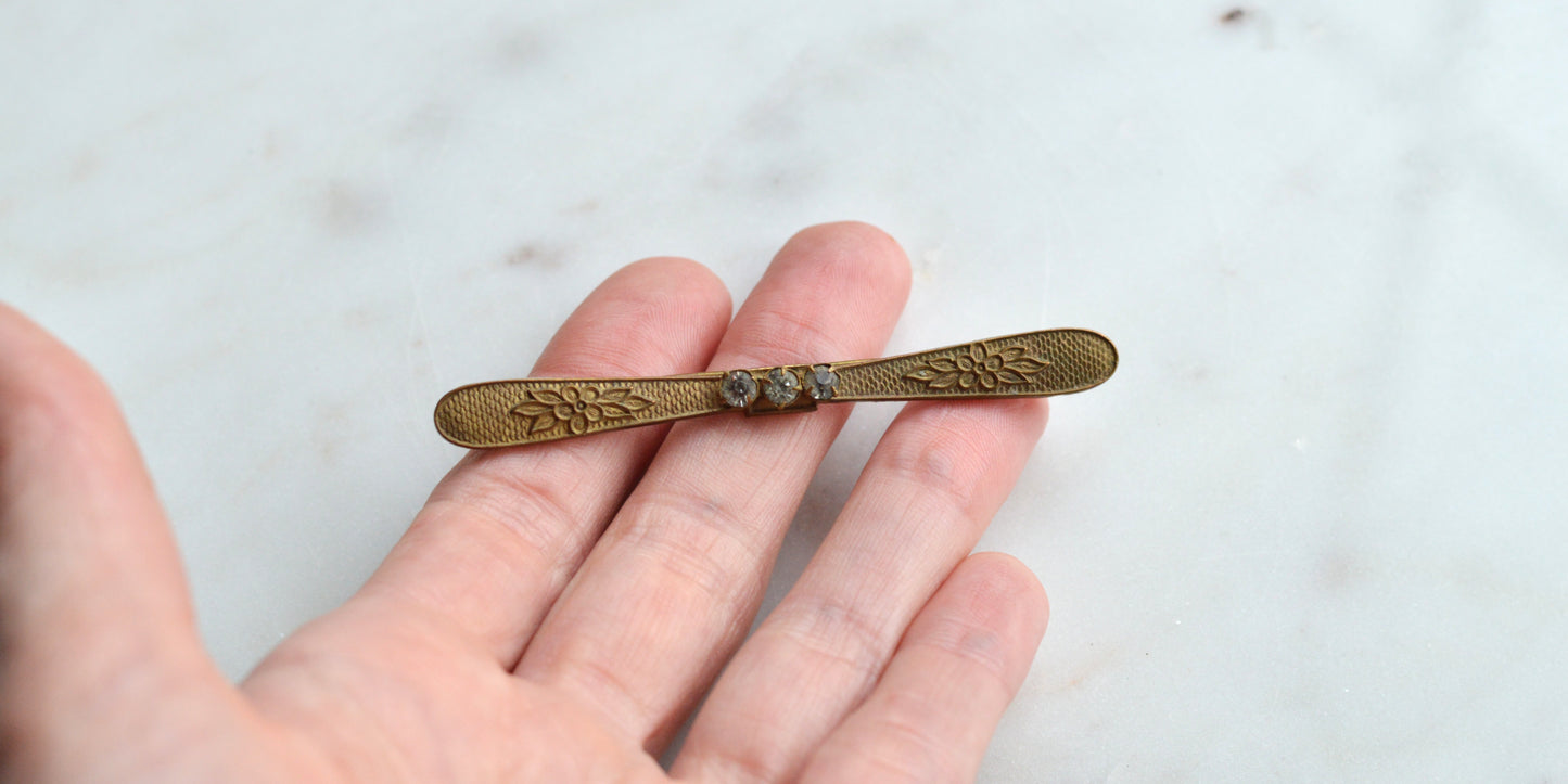 Antique Edwardian Gold Filled Bar Brooch | 3" Long Three Stone Crystal Pin | Victorian C-Clasp Hand-Engraved Floral | Estate Jewelry