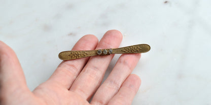 Antique Edwardian Gold Filled Bar Brooch | 3" Long Three Stone Crystal Pin | Victorian C-Clasp Hand-Engraved Floral | Estate Jewelry