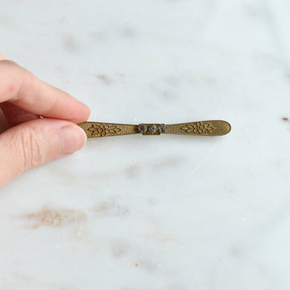 Antique Edwardian Gold Filled Bar Brooch | 3" Long Three Stone Crystal Pin | Victorian C-Clasp Hand-Engraved Floral | Estate Jewelry