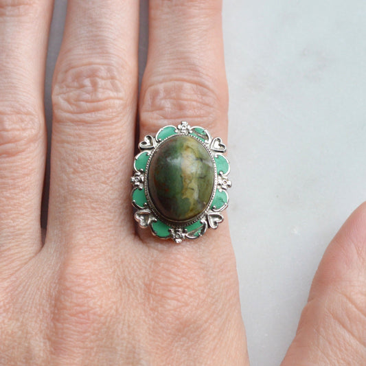 Vintage Spencer Co. Sterling Silver Ring | Natural Royston Turquoise Cabochon | Artisan Green Enamel Heart Border | Size 6.25