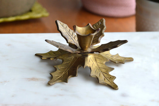 Vintage Solid Brass Holly Leaf Candle Holder | Mid-Century Christmas Decor | Hand-Etched Chamberstick Centerpiece | Festive Holiday Mantel Taper Holder