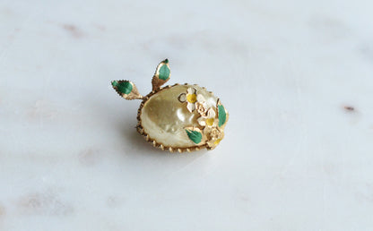 Vintage Mid-Century Floral Brooch | 1" Faux Pearl & Enamel Pin | Gold Tone Green Leaf Garden Motif | Petite Romantic Lapel Accessory