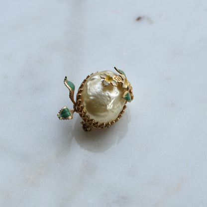 Vintage Mid-Century Floral Brooch | 1" Faux Pearl & Enamel Pin | Gold Tone Green Leaf Garden Motif | Petite Romantic Lapel Accessory