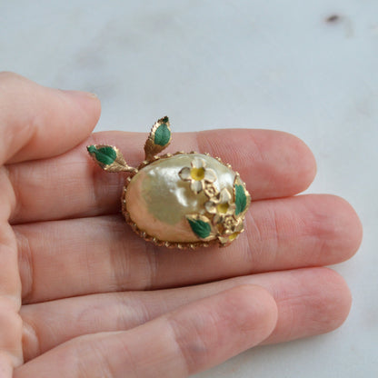 Vintage Mid-Century Floral Brooch | 1" Faux Pearl & Enamel Pin | Gold Tone Green Leaf Garden Motif | Petite Romantic Lapel Accessory