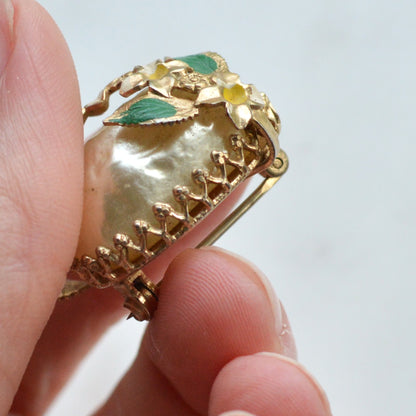 Vintage Mid-Century Floral Brooch | 1" Faux Pearl & Enamel Pin | Gold Tone Green Leaf Garden Motif | Petite Romantic Lapel Accessory