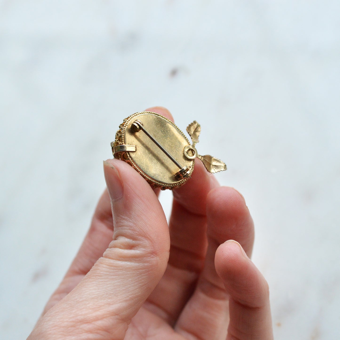 Vintage Mid-Century Floral Brooch | 1" Faux Pearl & Enamel Pin | Gold Tone Green Leaf Garden Motif | Petite Romantic Lapel Accessory