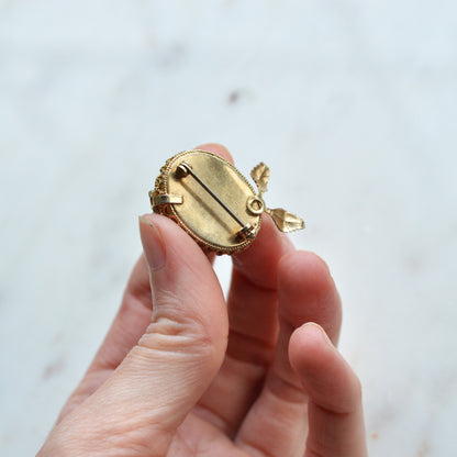 Vintage Mid-Century Floral Brooch | 1" Faux Pearl & Enamel Pin | Gold Tone Green Leaf Garden Motif | Petite Romantic Lapel Accessory