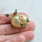 Vintage Mid-Century Floral Brooch | 1" Faux Pearl & Enamel Pin | Gold Tone Green Leaf Garden Motif | Petite Romantic Lapel Accessory