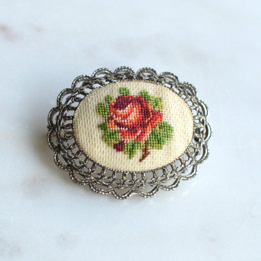 Vintage Petit Point Rose Brooch | Hand-Embroidered Floral Needlepoint | Silver Tone Filigree Frame | Mid-Century Romantic Accessory | Cottagecore Granny Chic Pin