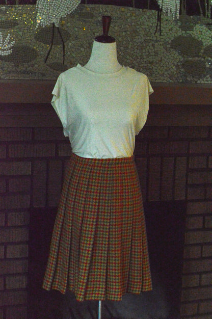 Vintage James Kenrob by Dalton Plaid Skirt | 1970s Knife Pleat Knee Length | Dark Academia Autumnal Check | Adjustable 26" Waist Small