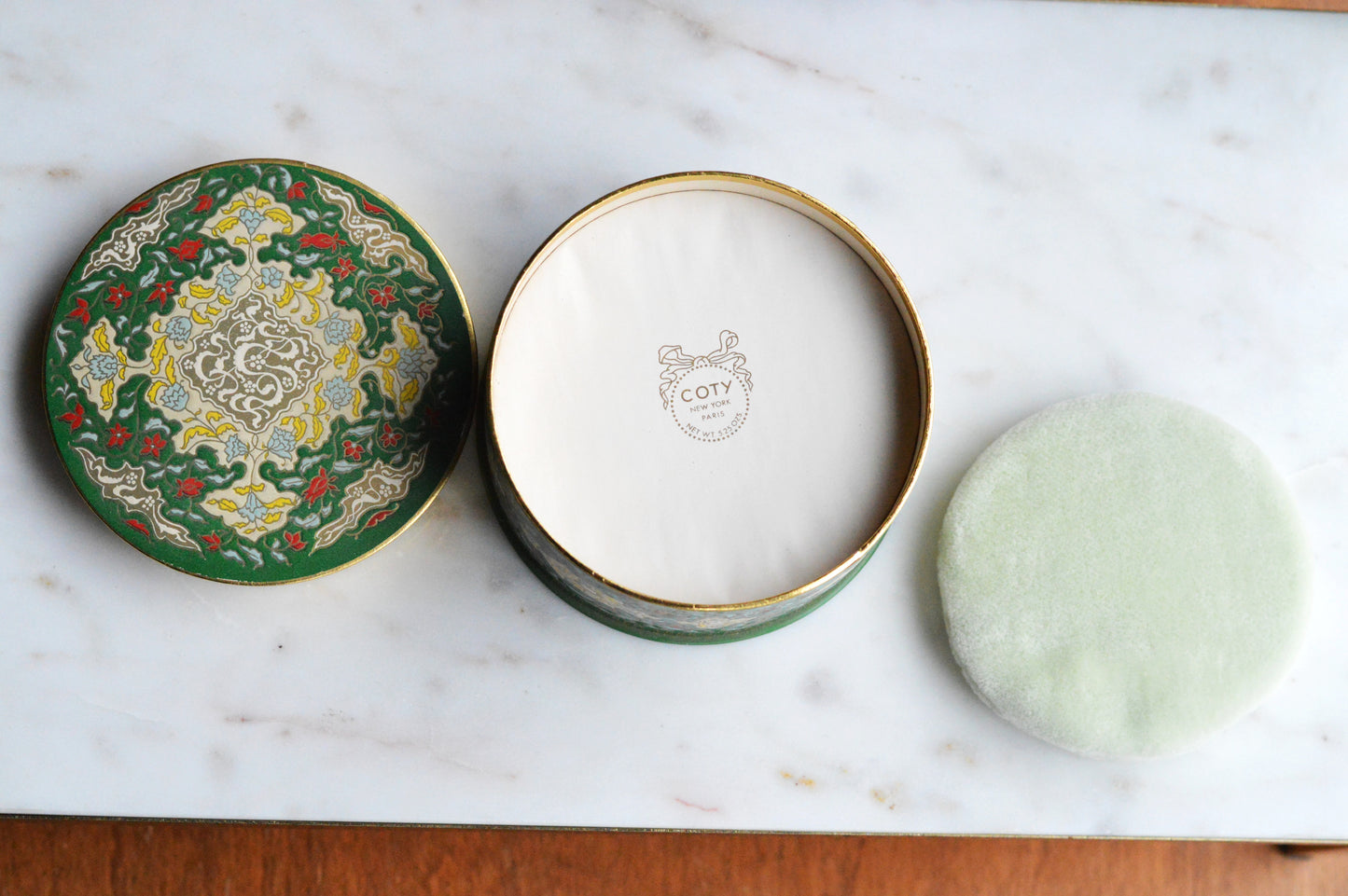 NOS Vintage Coty Emeraude Dusting Powder | Unopened and Full | Tin Bottom Large Box & Original Puff | 1940s-50s Vanity Deadstock