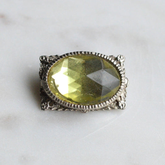 Vintage West Germany Style Brooch | 1.5" Faceted Peridot Green Glass | Ornate Silver Tone Filigree | Mid-Century Victorian Revival