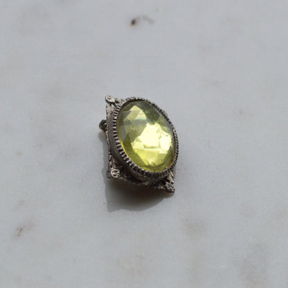 Vintage West Germany Style Brooch | 1.5" Faceted Peridot Green Glass | Ornate Silver Tone Filigree | Mid-Century Victorian Revival